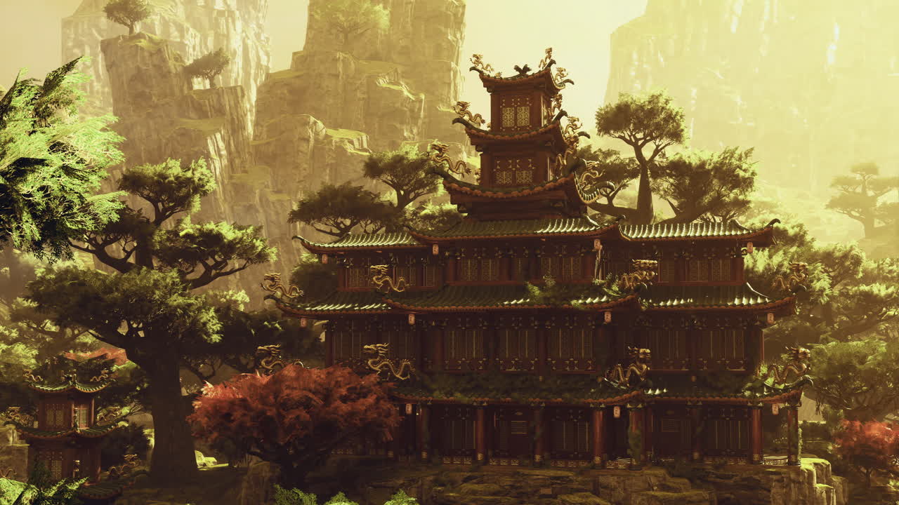 Traditional chinese architecture amidst lush mountainous landscape in china