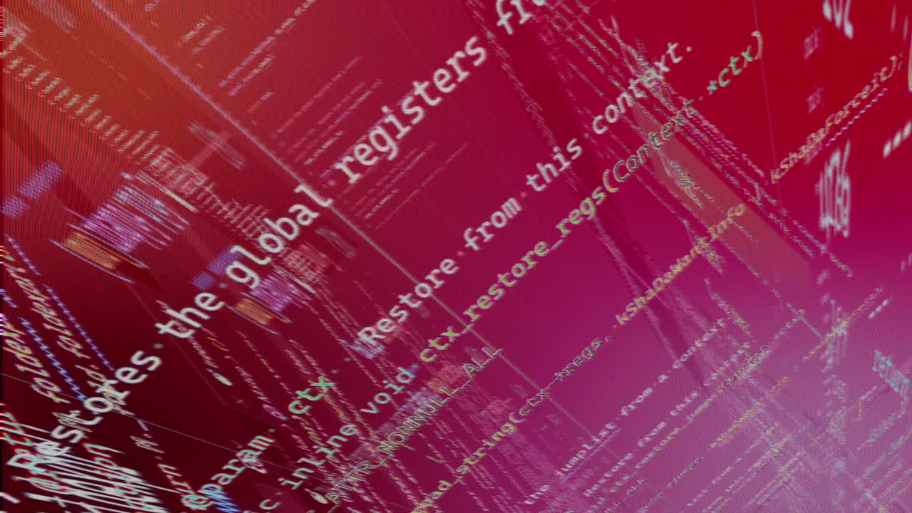 hacking concept animation, red gradient color, programming code in 3d animation, virtual hacking world