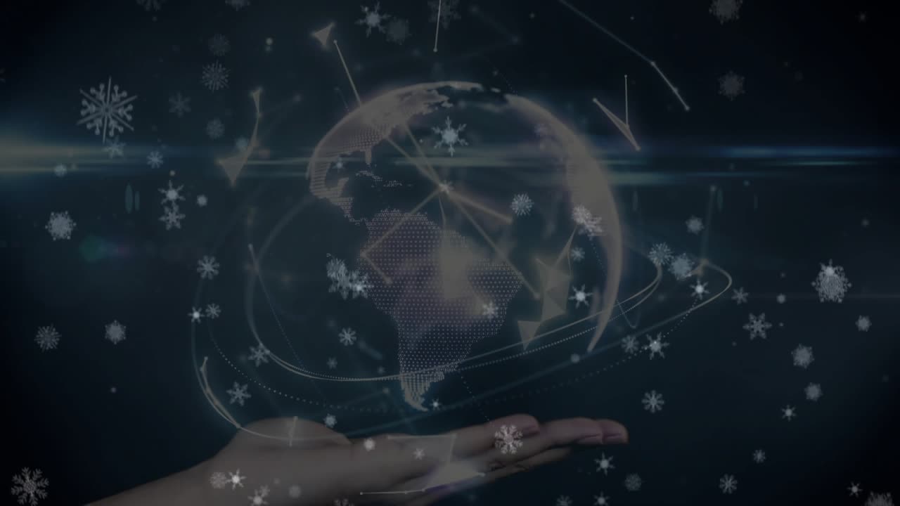 Glow brightening leading palm rising and supporting holographic globe amid snowflakes and lines