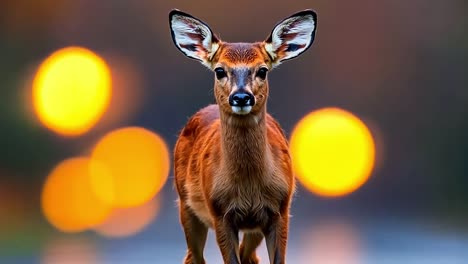 a small deer standing in the middle of a wet road