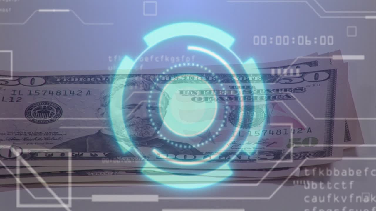 US fifty-dollar stack lying under teal HUD pulsing, hand entering, sliding bills for authentication