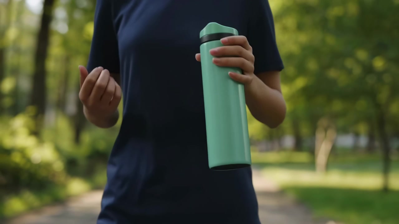 Una vista esterna ritagliata mostra una persona che tiene ferma una grande bottiglia d'acqua verde mentre una mano fa piccoli gesti, con luce diurna calda, vegetazione lussureggiante e un sentiero sfocato sullo sfondo.