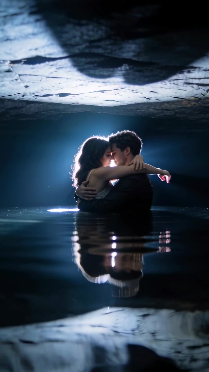 Vertical video: Embracing pair kissing in cave pool woman in tank top man in dark coat halo drawing