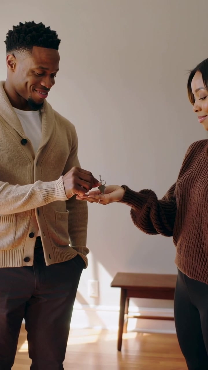 Vertical video: Sweater woman reaching palm, man in cardigan giving keys into her hand at home