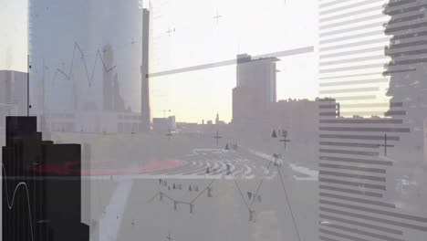 animation of data processing over cityscape