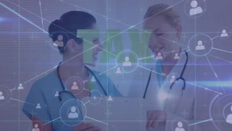 animation of connected people icons and tax day text over happy caucasian doctors discussing report
