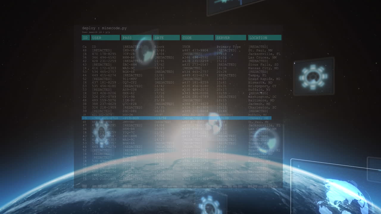 animación del procesamiento de datos en pantalla y escaneos sobre el planeta tierra