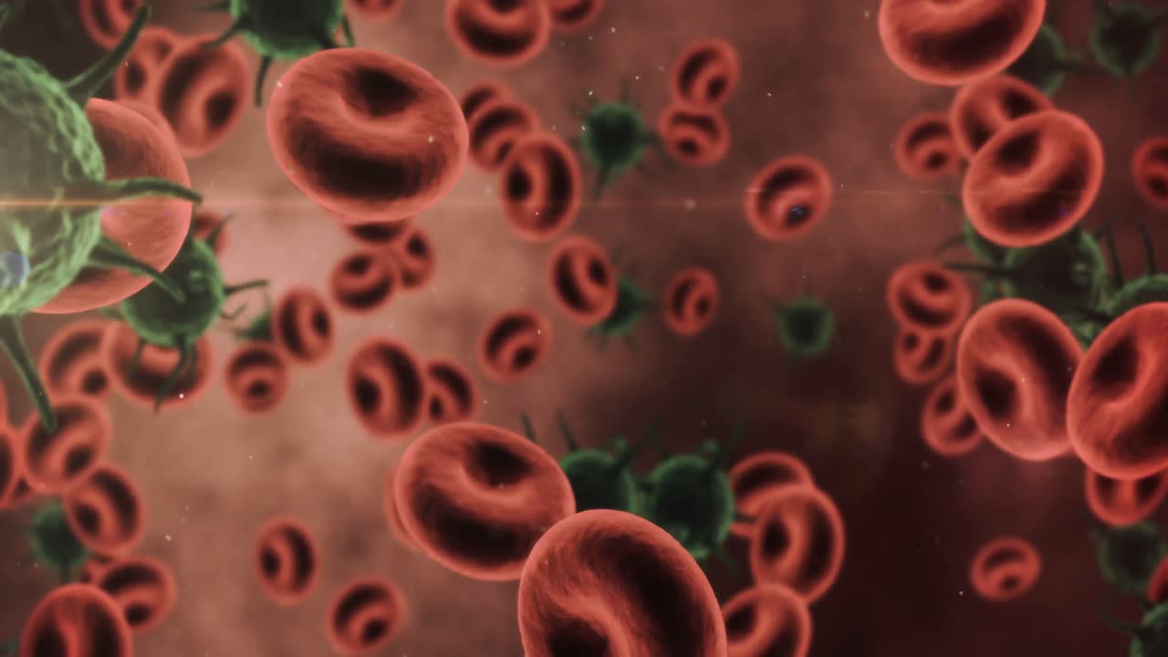 디지털로 생성된 바이러스 세포와 은 배경에 은 혈액