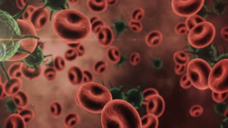 digitally generated virus cells and red blood against red background