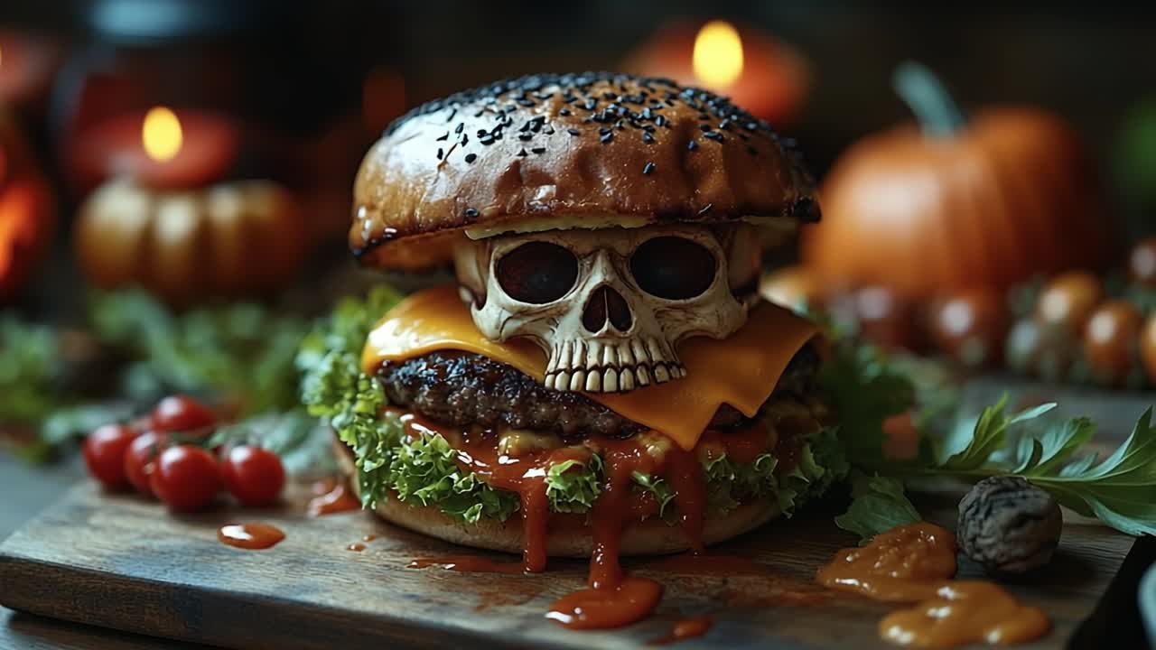 Skull Halloween burger. A creative burger features a skull topped bun, lettuce, cheese, and a spooky Halloween theme perfect for fall.