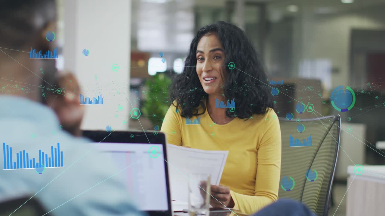 Animation of data processing over diverse business people in office