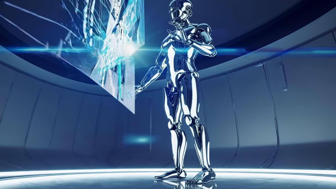 Futuristic robot interacting with a holographic display in a sleek, metallic room