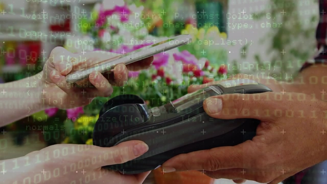 Animation of binary code over hands of diverse woman and man using smartphone and terminal
