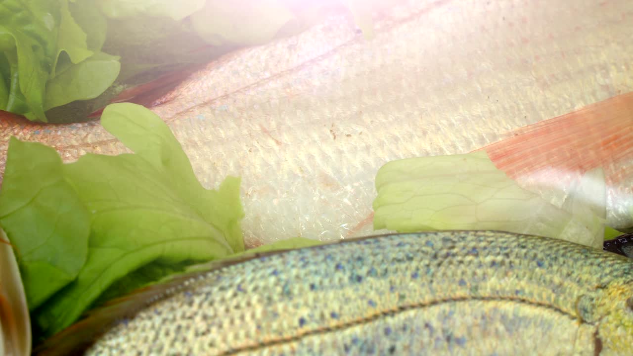 시장에서 얼음 위에 줄지어 있는 해산물, 상점 - 바다 물고기, 새우, 오징어, 크레이피시, 채소로 조리된 해산물.