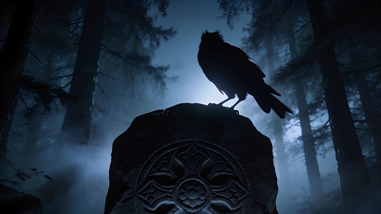 Corvo appollaiato che reagisce alla brezza che sposta e arruffa le piume su un cippo di pietra in una foresta illuminata dalla luna