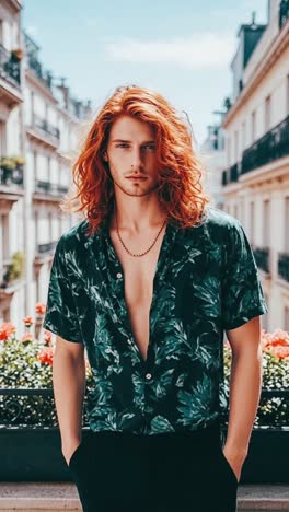 handsome man in a floral shirt in paris