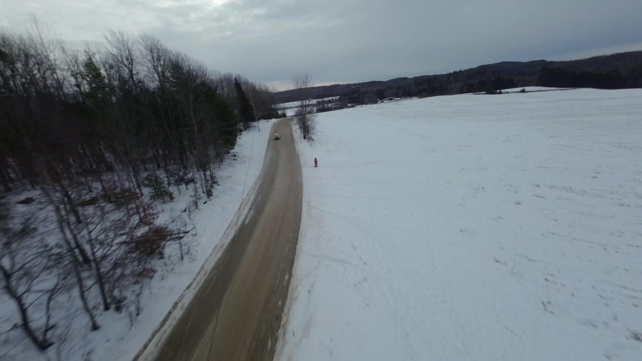 car driving through canadian snow landscape, wintertime in Quebec, Maniwaki, frozen road rally racing