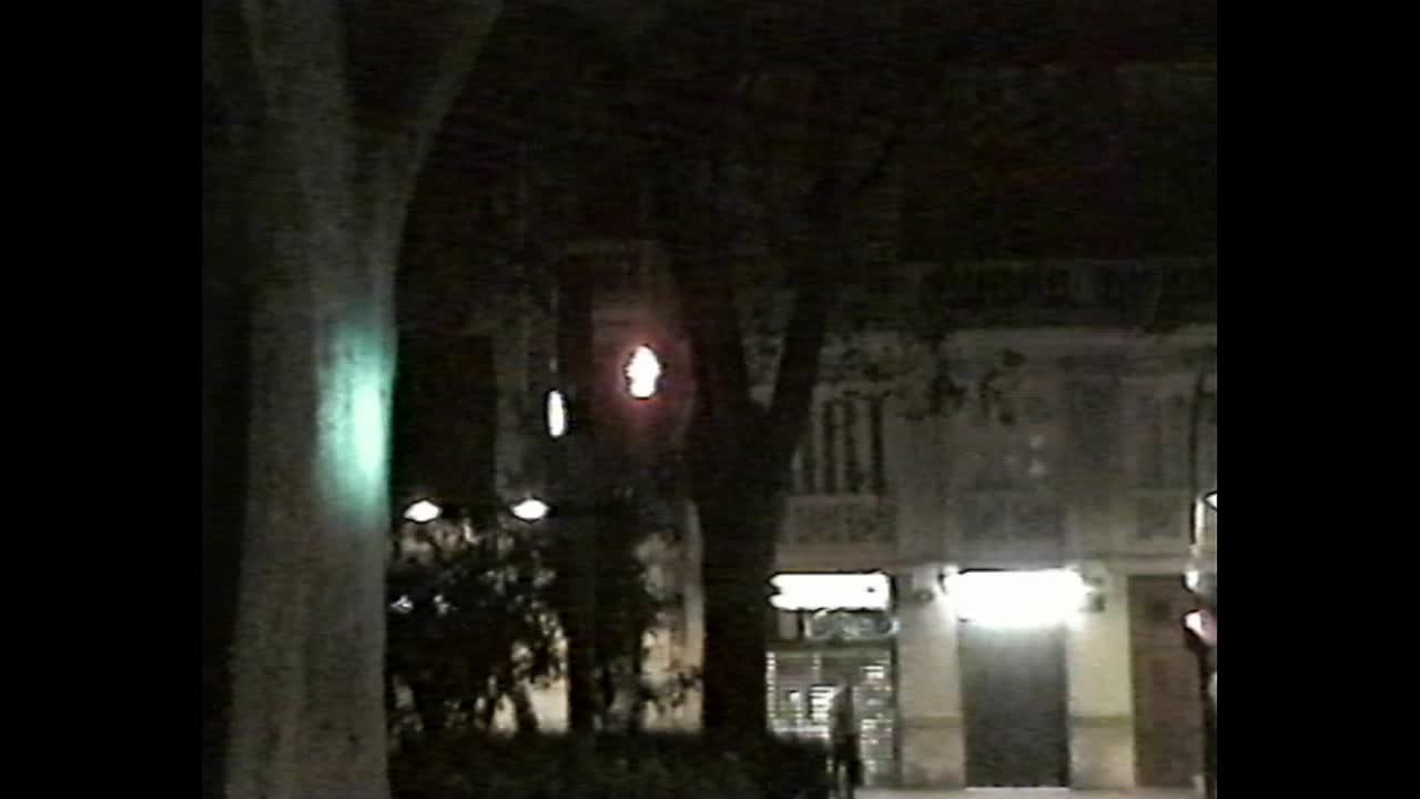 Dark street scene with glowing shop signs and trees