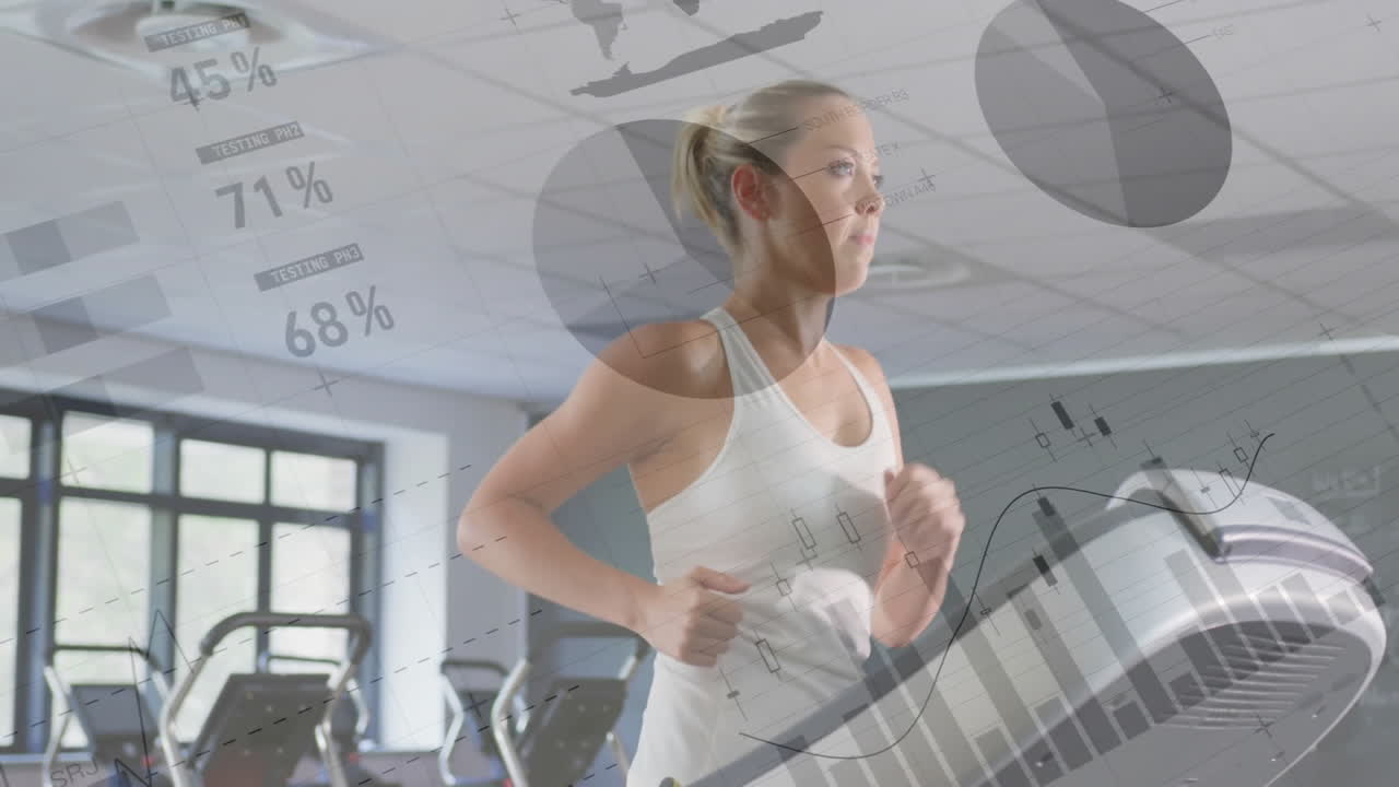 animación de procesamiento de datos y diagramas sobre mujer caucásica corriendo