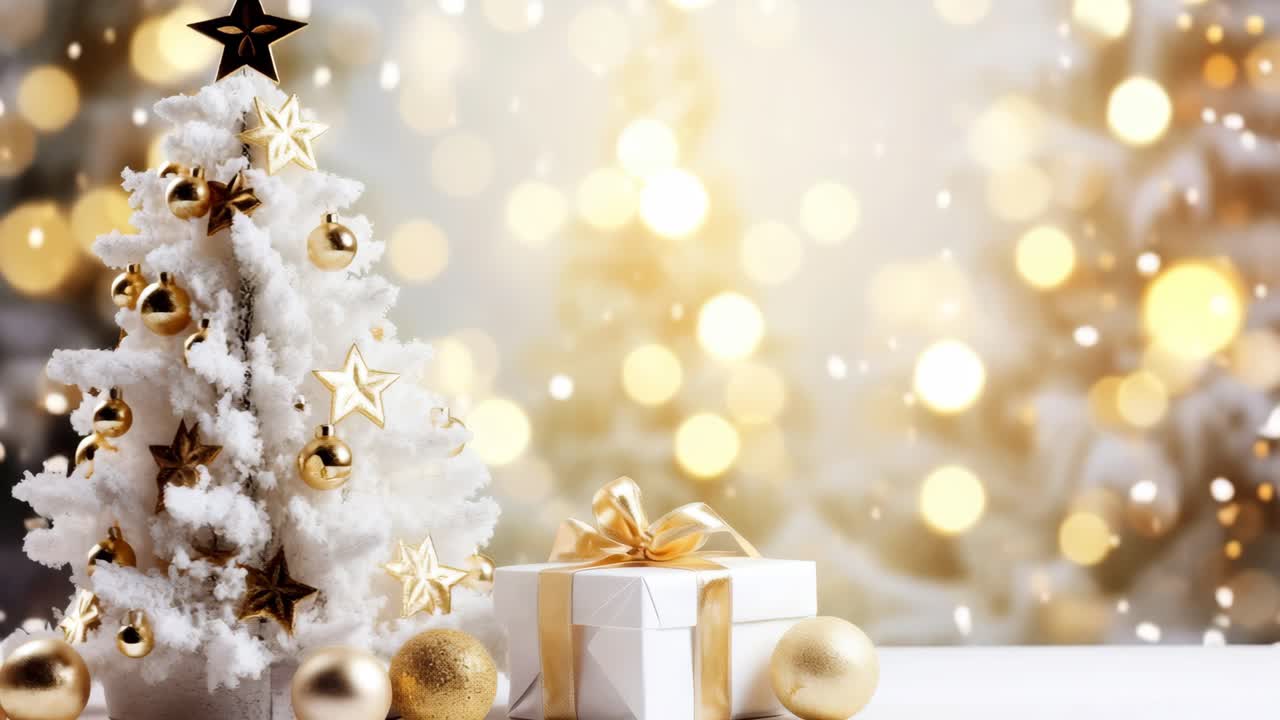 Scena natalizia festiva con un albero bianco e decorazioni dorate