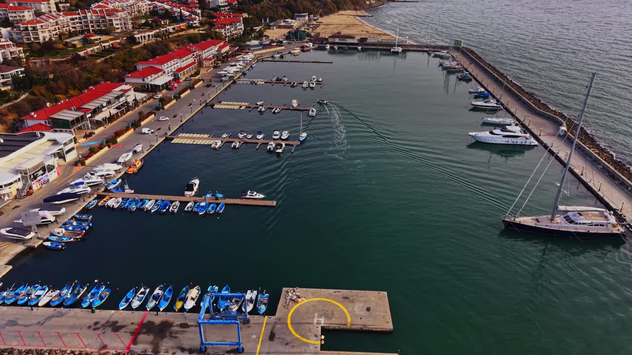 View of a marina in Bulgaria featuring boats and calm waters