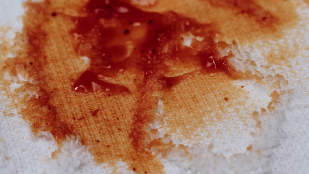Detailní záběr kečupu, který se rozlévá a vsakuje do bílé látky