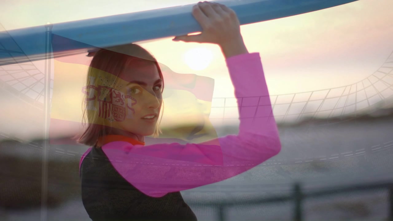 Surfista che tiene la tavola sopra la ringhiera, con il sole che cala, causando lo spostamento della presa, il girarsi della testa e il movimento della rete.