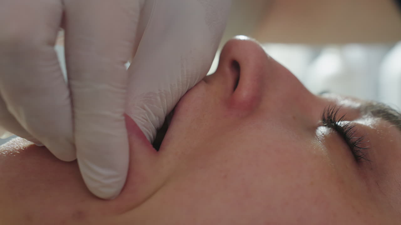 Close up of lady lying face up with eyes closed and mouth open gently while bodywork expert wearing gloves dips fingertip inside mouth and massages cheek with soothing professional touch
