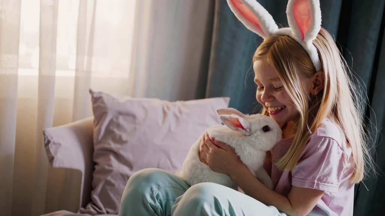 A joyful girl with bunny ears cuddles a white rabbit on a sofa