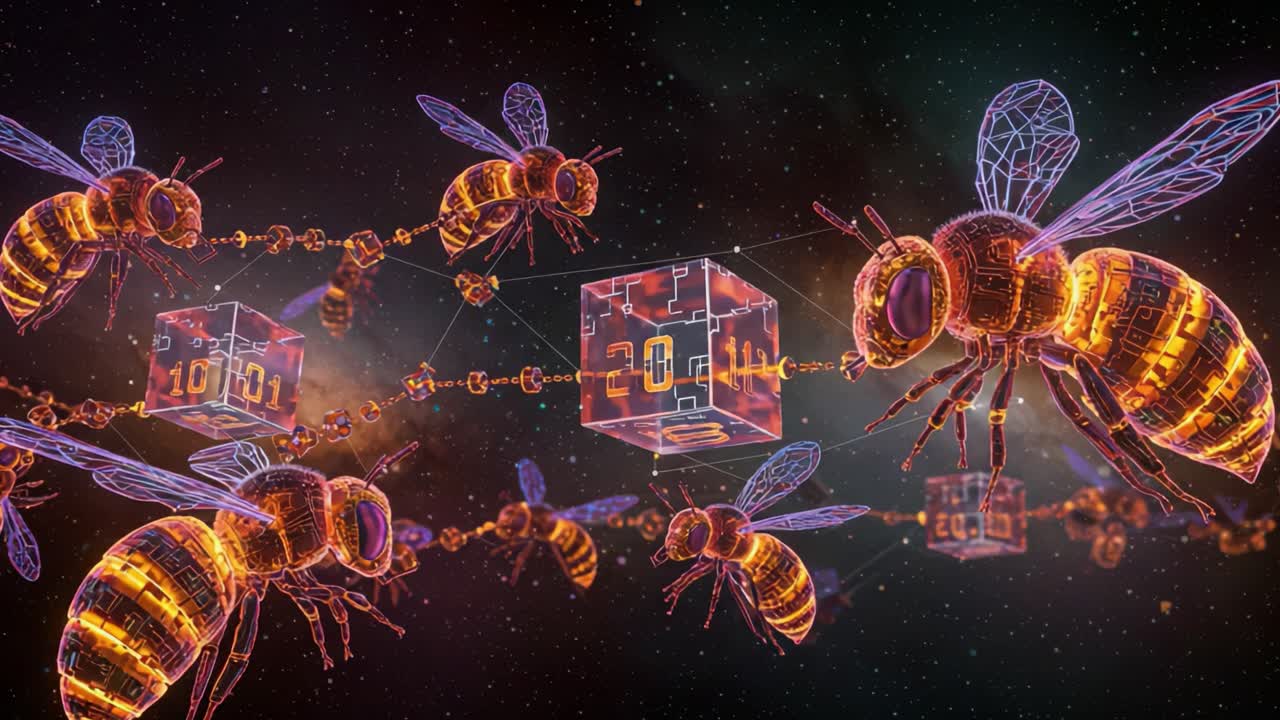 Lebah Digital Futuristik Terenkripsi dalam Jaringan Kosmik, Terhubung melalui Kubus Data Berwarna Cerah dan Koneksi Bercahaya di Alam Semesta Fiksi Ilmiah yang Menarik