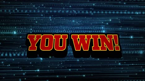 animation of you win text banner over glowing blue light trails and spots on black background