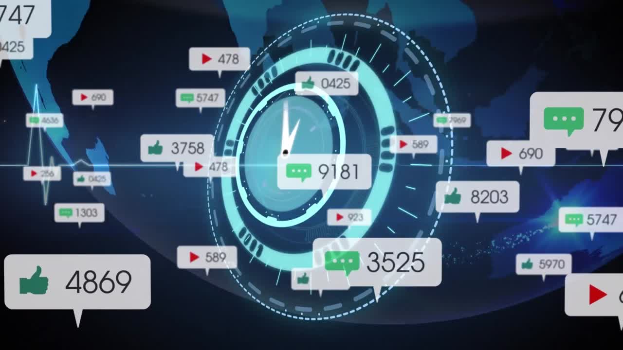 animación de iconos de medios y reloj sobre globo y cardiograma.