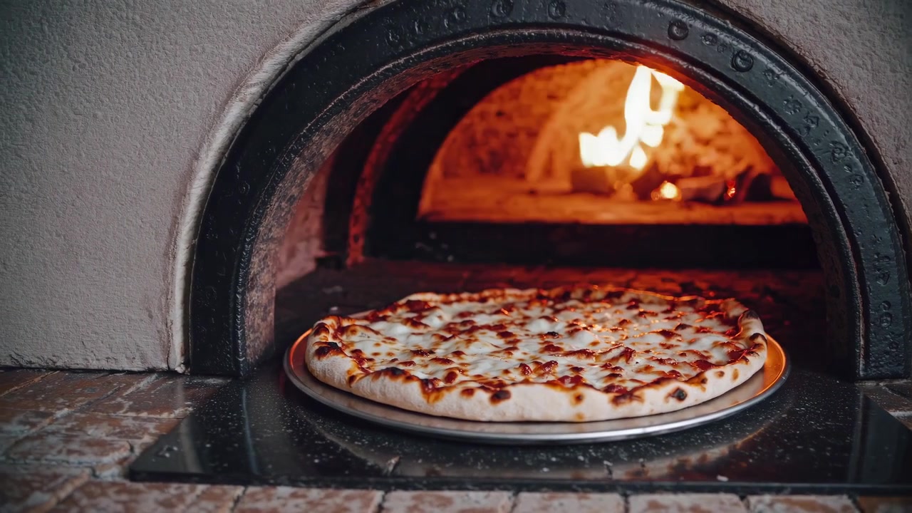 Deliziosa pizza al formaggio in cottura in un tradizionale forno a legna
