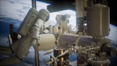 la station spatiale internationale et un astronaute dans l'espace au-dessus de la planète terre