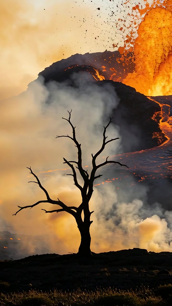 Video verticale: Bocca eruttiva che proietta una fontana iniziale di lava e cenere dietro un albero spoglio al centro.