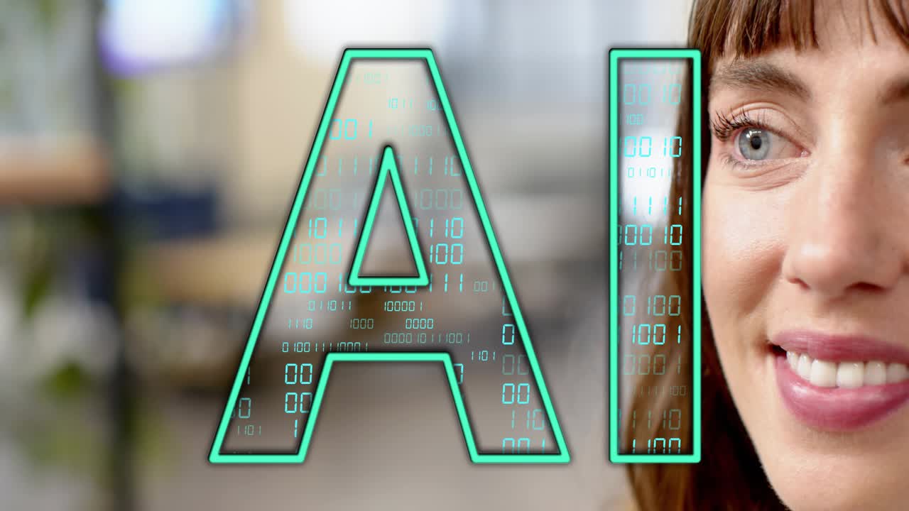 AI glyph appearing left, animating binary, causing woman shifting gaze, blinking, smiling in tech