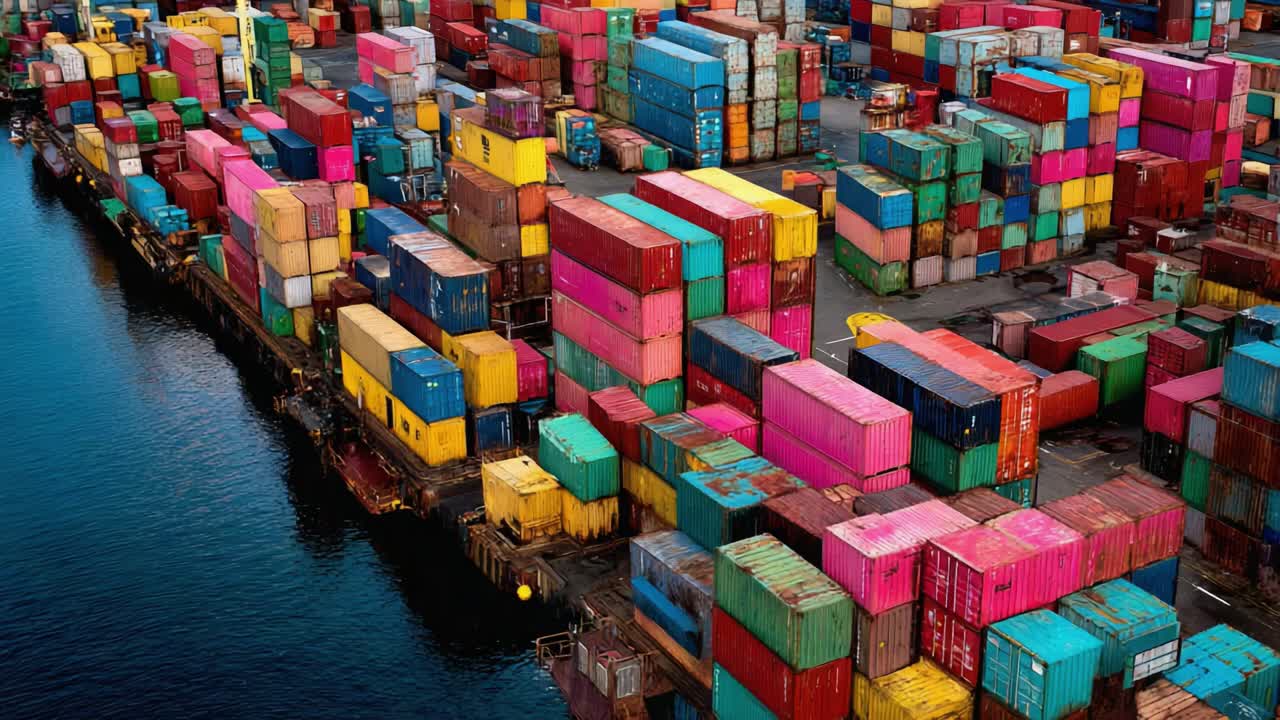 Aerial View of Colorful Cargo Shipping Containers Stacked Neatly at a Vibrant Port, Showcasing the Dynamic and Organized Nature of Maritime Freight Activities