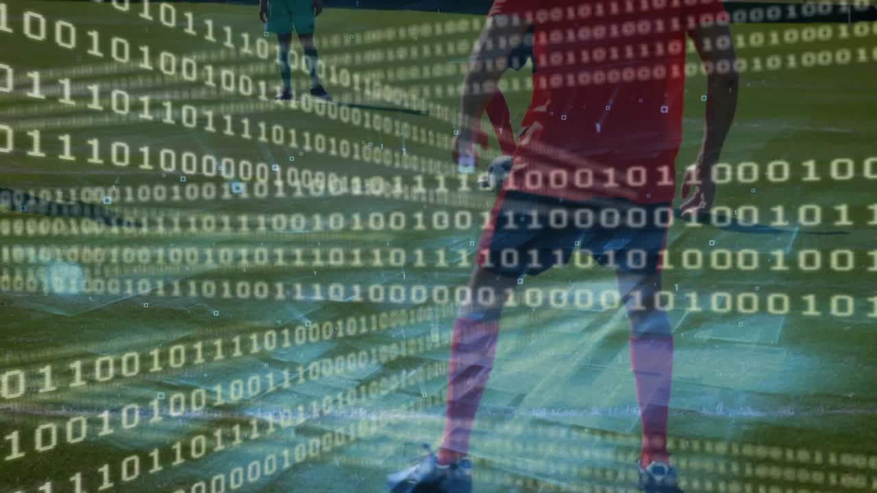 Animation of binary coding over diverse football players on stadium