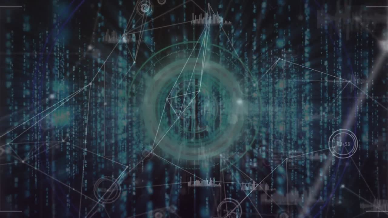 Animation of network of connections, data processing and glitch in navy space