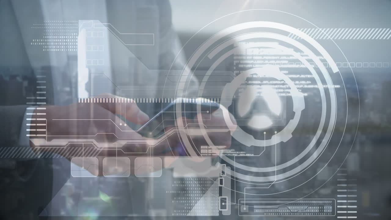 스마트폰을 사용하는 카우카스계 사업가에 대한 데이터 처리 애니메이션