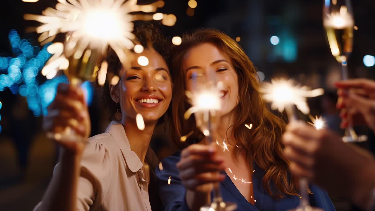 Fejring med funklende stjernekastere: To venner nyder en glædelig aften med stjernekasterfyrværkeri og skåleglas midt i en festlig atmosfære.