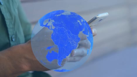 animación de puntos rojos y globo sobre hombre de raza mixta usando un teléfono inteligente