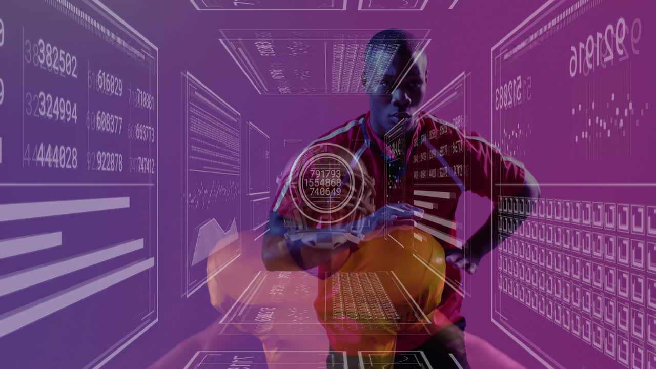 Interacting with futuristic digital interface, person viewing animation and holograms