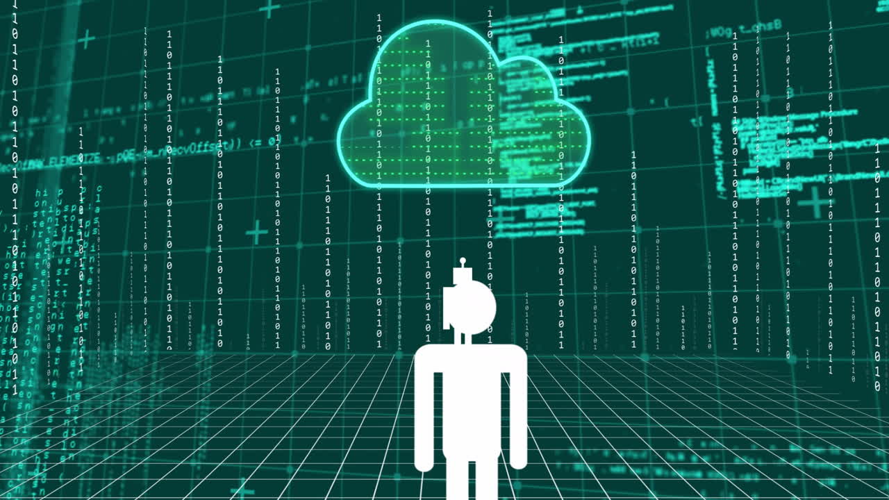 Animation of ai chat bot, cloud with binary coding and data processing