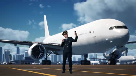 cuerpo lleno de piloto de hombre asiático usando teléfono inteligente tomando fotos mientras está de pie en el aeródromo con el avión en el fondo