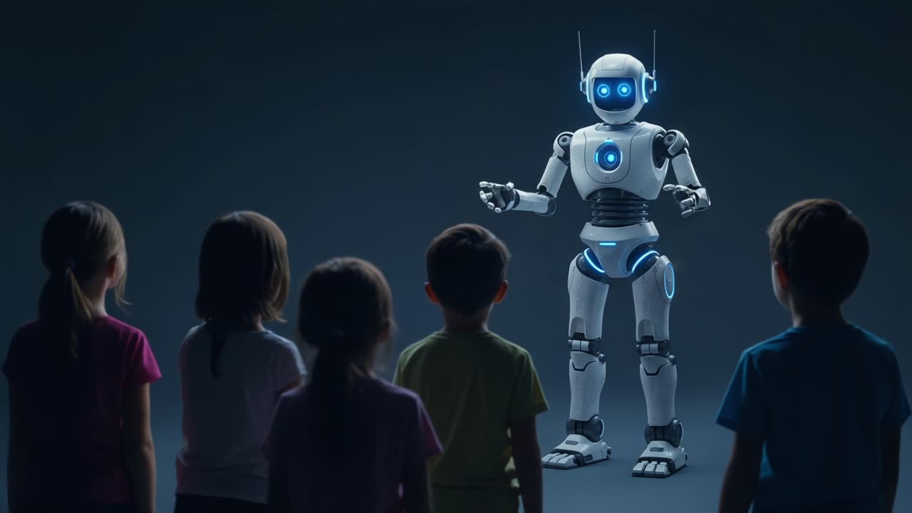 Children Observe an Advanced Robot with Blue Lights, Displaying Emotion and Engagement, Exploring Interaction between Youth and Technology in a Captivating Environment