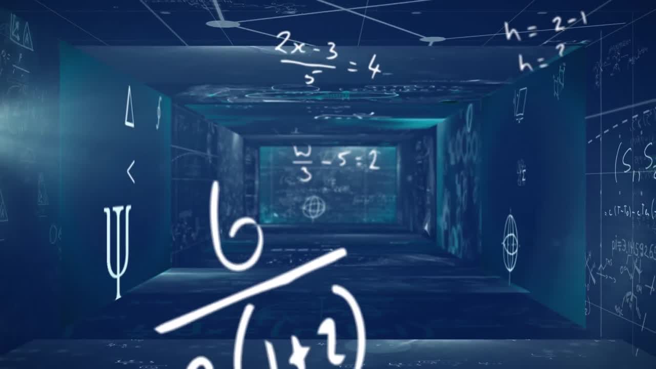 Animation of mathematical formulae floating and written on blue walls