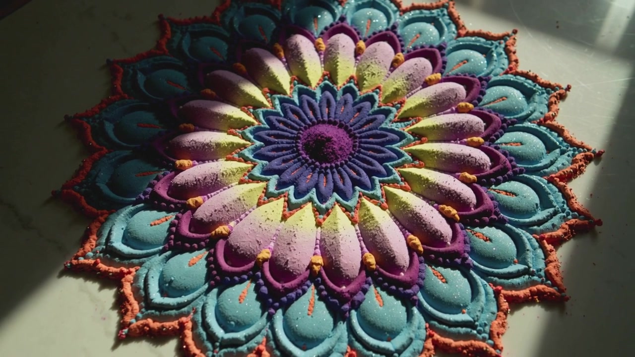 Un'ombra di finestra che si sposta rivela un rangoli fatto a mano su una superficie di pietra, mostrando creste di polvere colorata.
