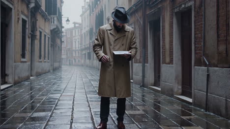 man reading in a venetian alley