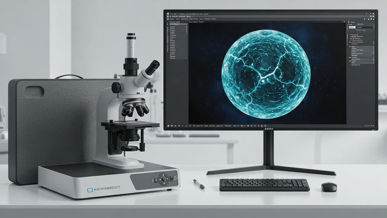 Exploring the Microscopic Universe: A Cutting-Edge Microscope System Displaying Stunning Visualizations of Cellular Structures on a Modern Monitor